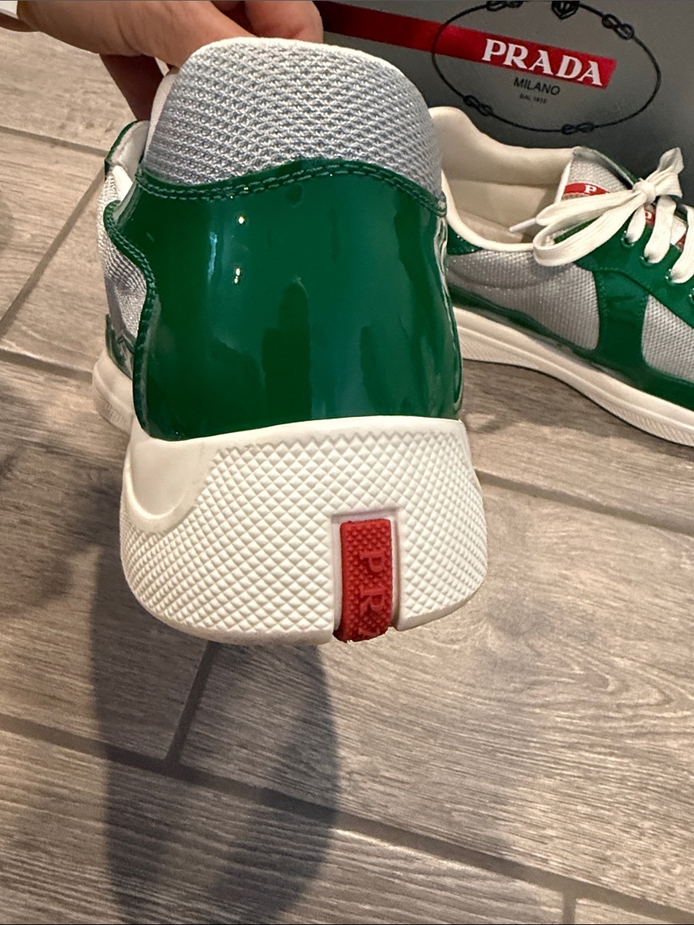 Prada Men’s Green Patent & White Mesh Low-Top Sneakers - Picture 7 of 9